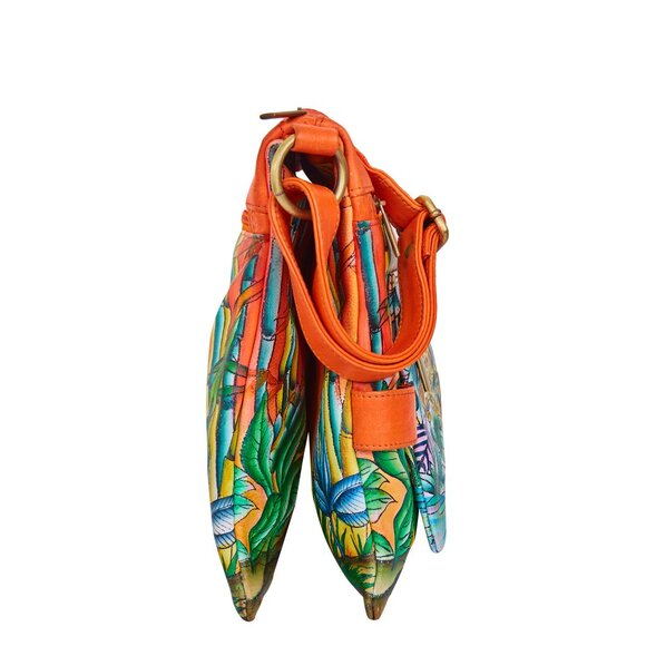Hand-Painted Leather Women Orange Multi-Compartment Crossbody Sling Bag - Picture 4 of 8